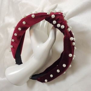 4for$25 Twisted Faux Pearl Velvet Headband Wine